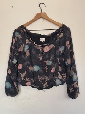 Reflections Images Of You 100% Silk Black Floral Boho Long Sleeve Blouse Sz S